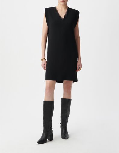Robe noire décor dentelle col V devant dos Femme - IKKS