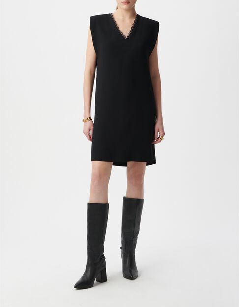 Robe noire décor dentelle col V devant dos Femme - IKKS