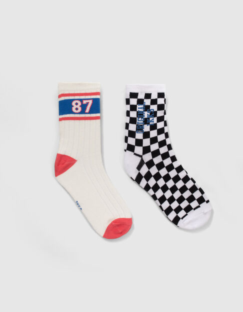 Boys’ black checkerboard/white striped socks