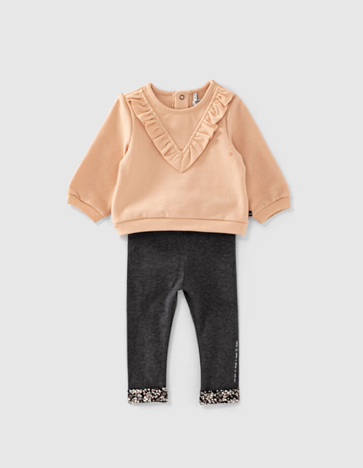 Ensemble sweat rose poudré et leggings gris bébé fille-1