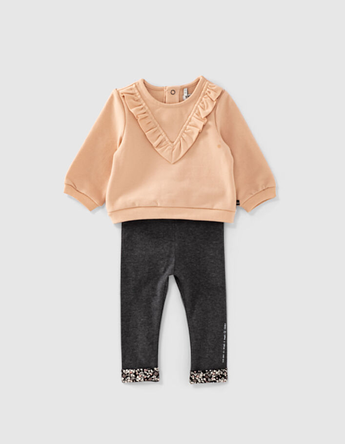 Baby girls’ powder pink sweatshirt & grey leggings outfit - IKKS