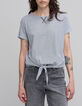 Women's navy blue striped white knotted organic cotton T-shirt-7