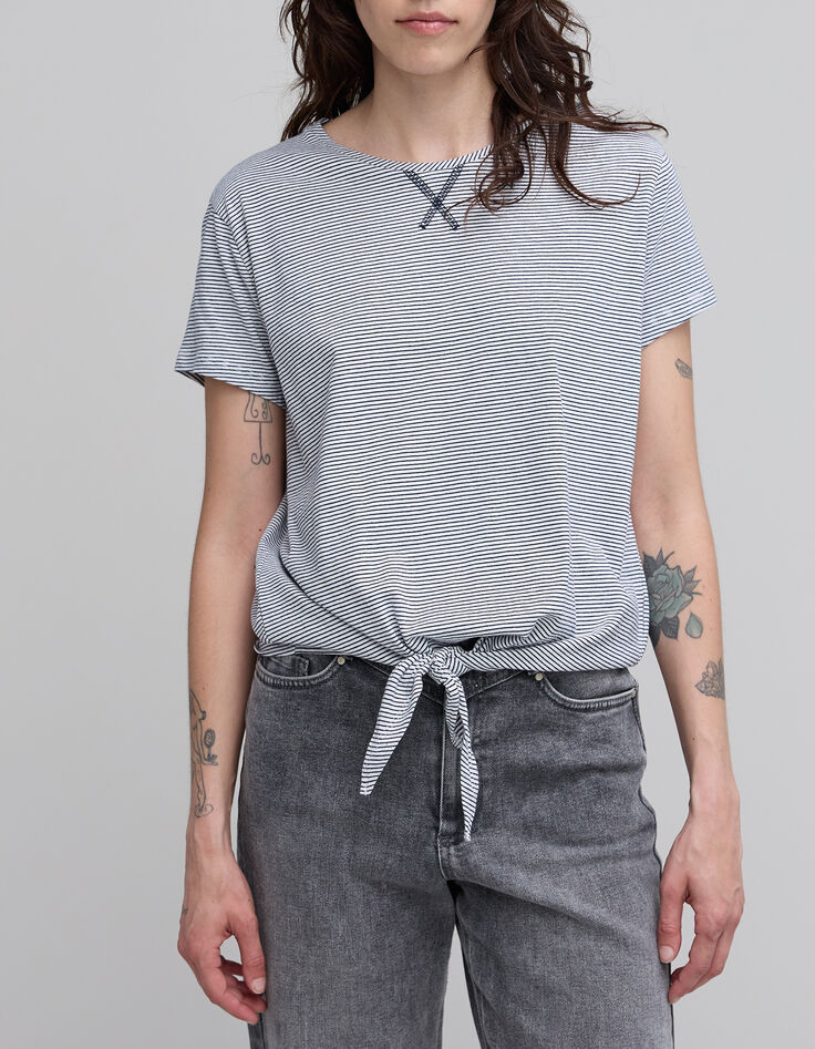 Women's navy blue striped white knotted organic cotton T-shirt-7