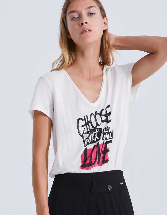 Tee-shirt écru coton bio à message clouté Femme