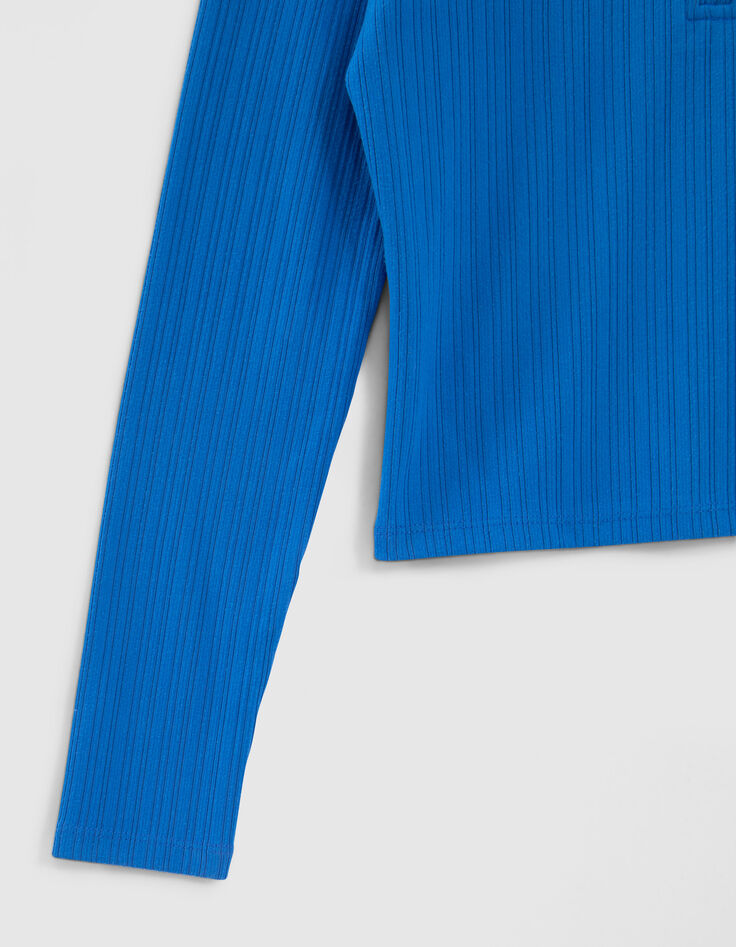 Blaues Mädchenshirt aus Rippstrick mit Reißverschluss-4