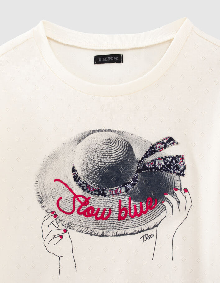 Ecru T-shirt biokatoen geborduurd hoedje meisjes - IKKS
