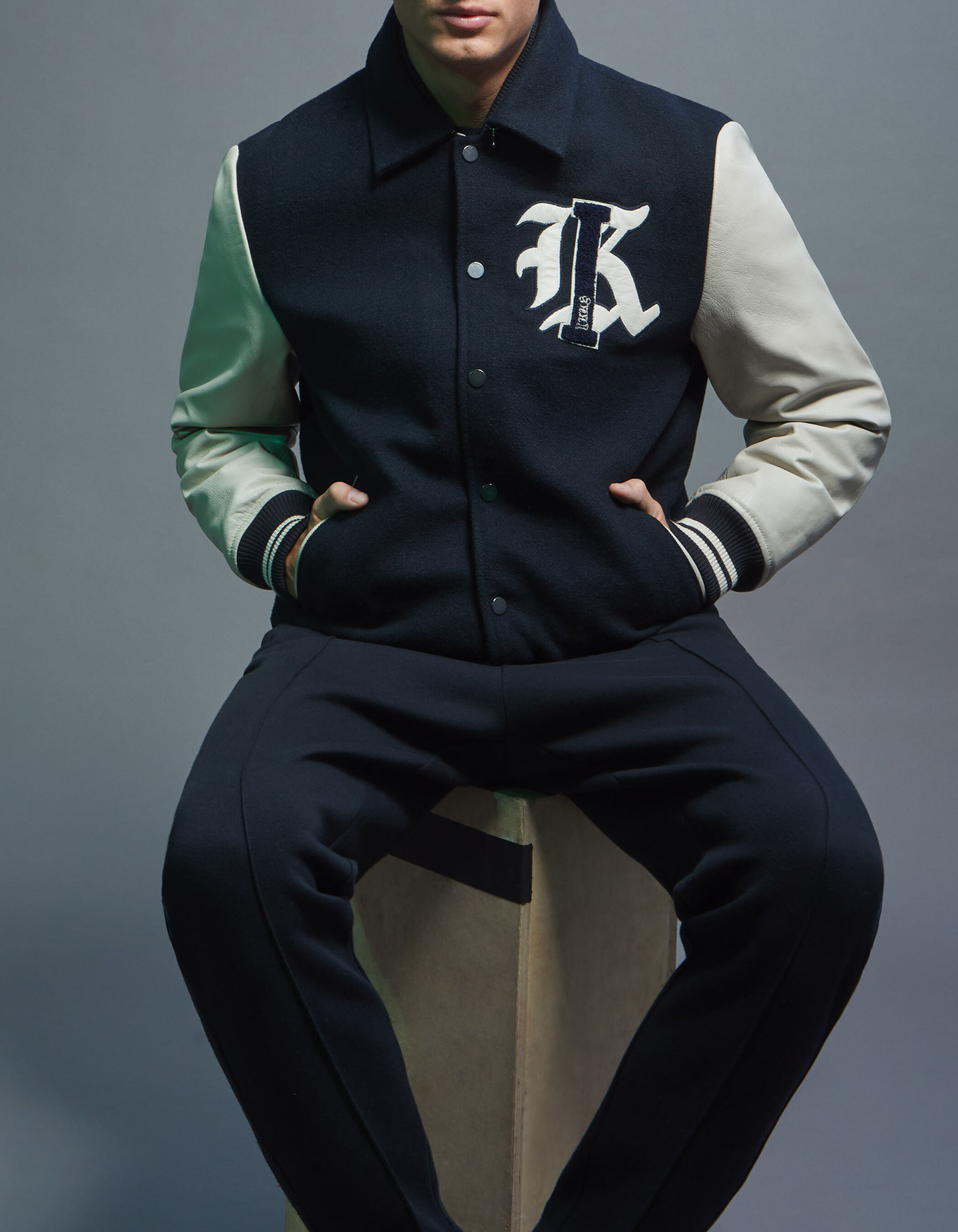 Men s navy mixed fabric baseball jacket with XL embroidery