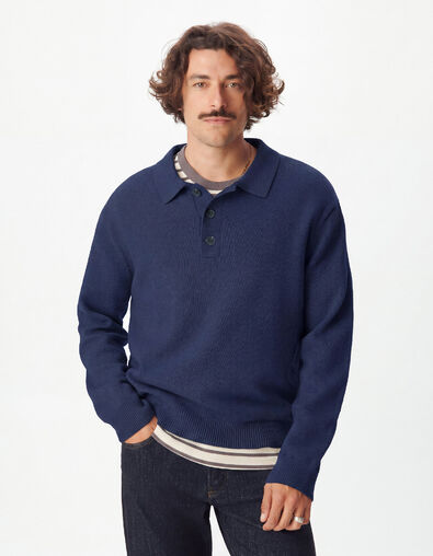 Pull marine tricot col polo boutonn&eacute; Homme - IKKS
