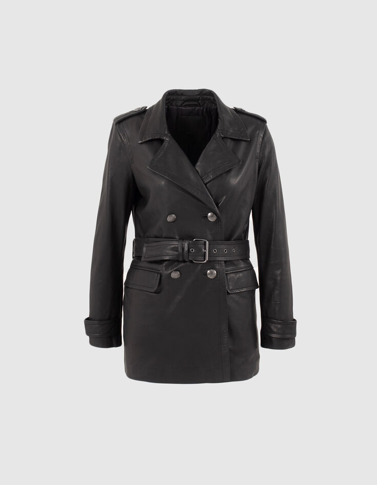 Pure Edition &ndash; Lange, schwarze Damenlederjacke mit G&uuml;rtel-4