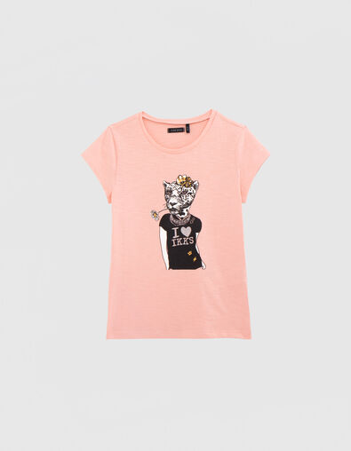 Mädchen-T-Shirt aus Biobaumwolle, Leo-Rock-Motiv, Peach - IKKS