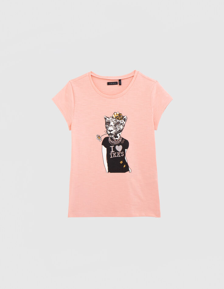 Mädchen-T-Shirt aus Biobaumwolle, Leo-Rock-Motiv, Peach-1