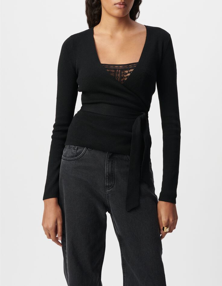 Women's black belted wrap-around sweater-2
