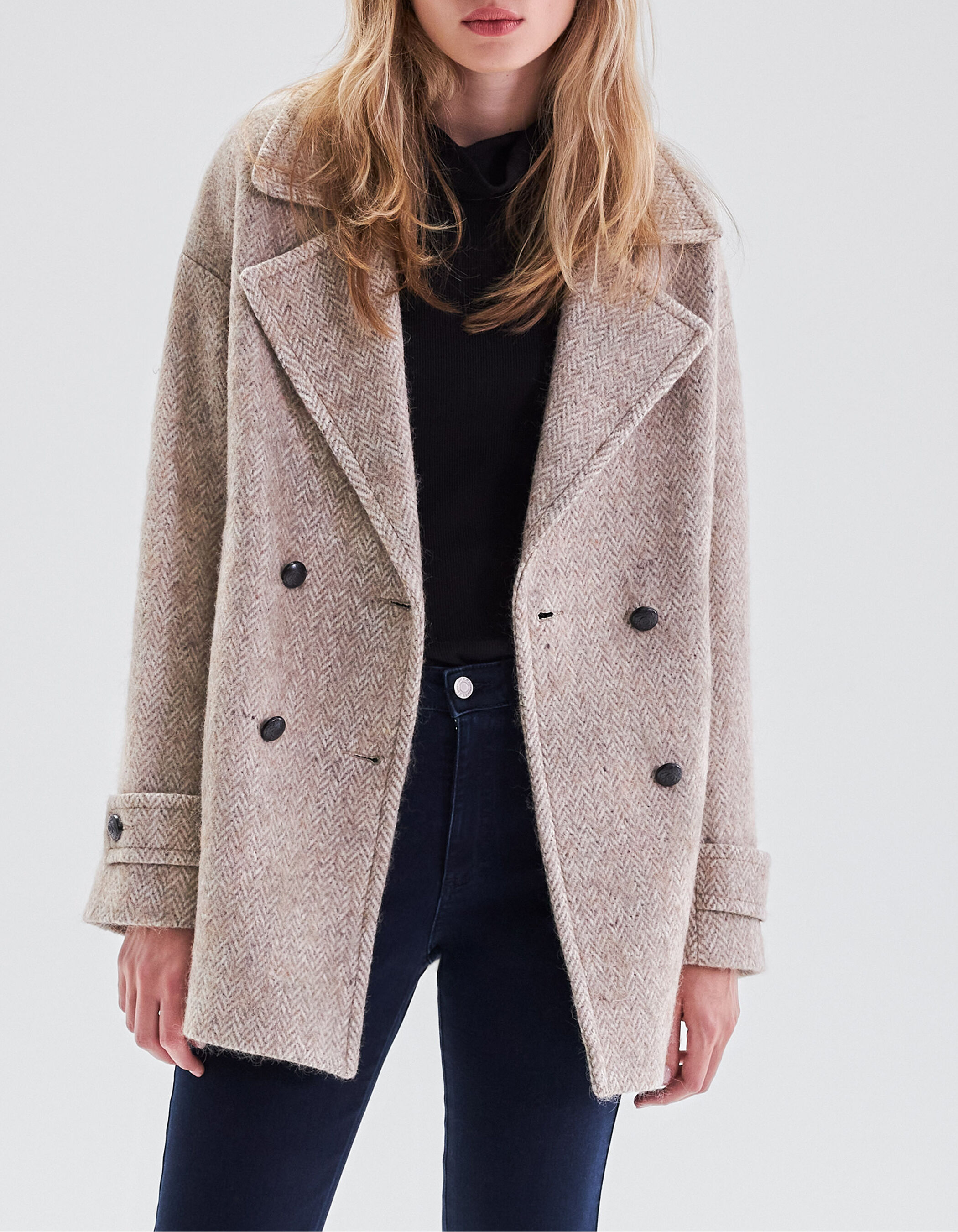 Manteau beige lainage motif chevrons Femme