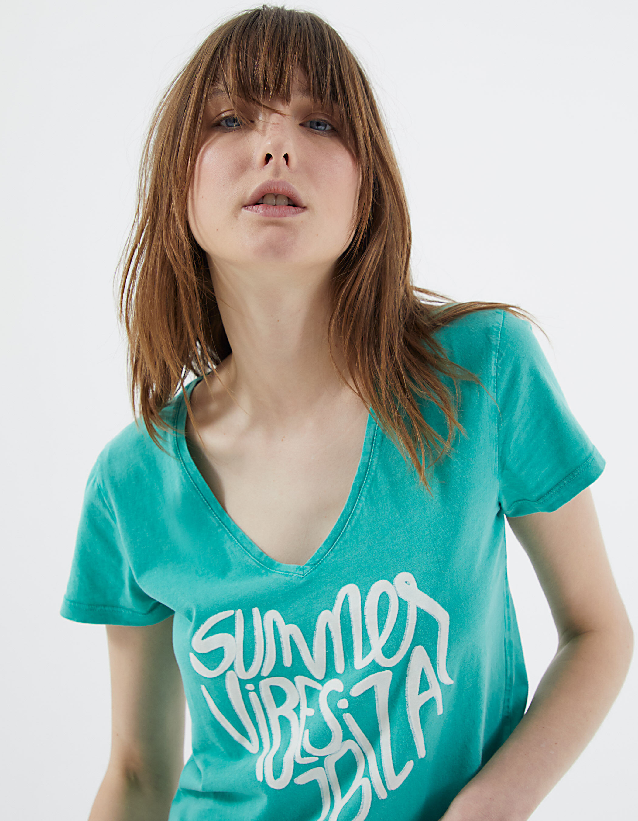 Women s green flocked velvet organic cotton T shirt