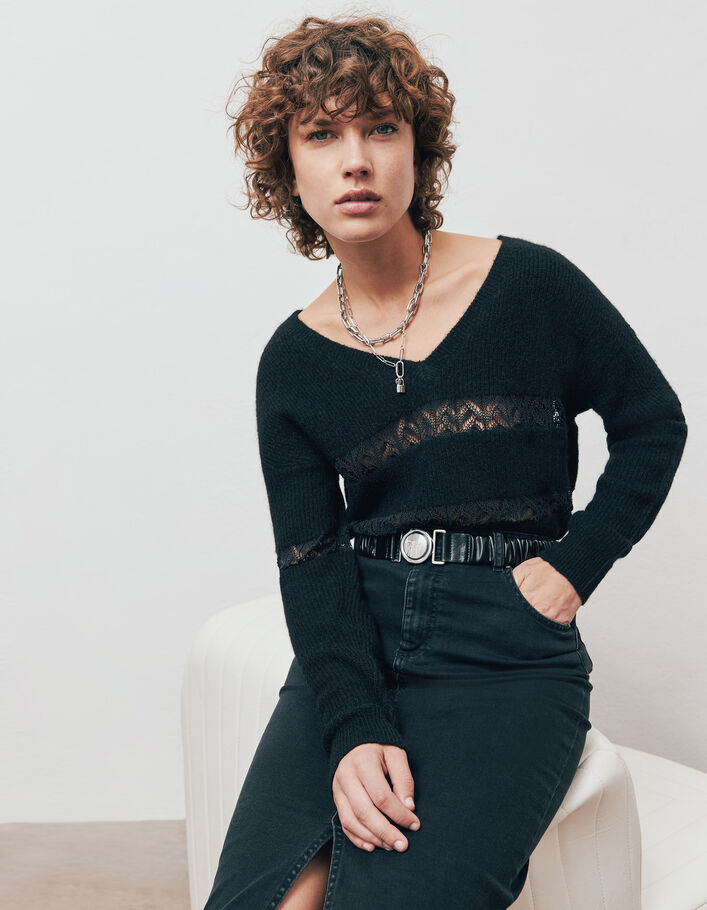 Zwarte gebreide trui met matrozenmotief in kant voor dames - IKKS