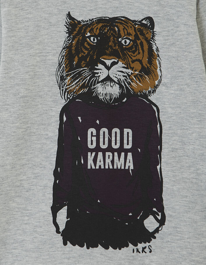 Boys’ medium grey marl Good Karma tiger graphic T-shirt - IKKS