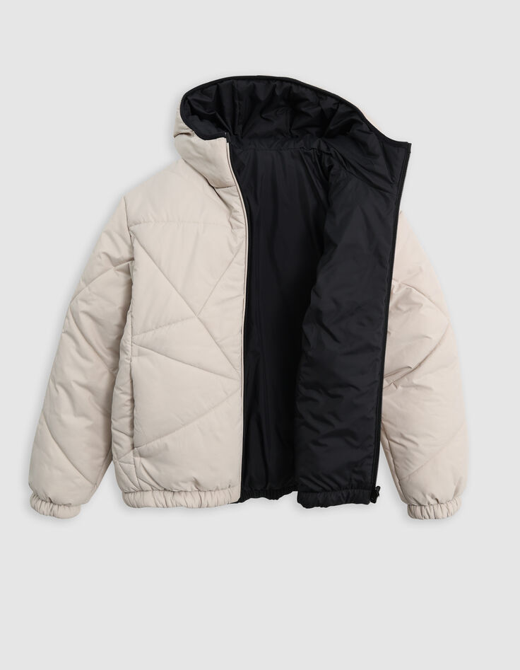 Beige en zwart gewatteerd omkeerbaar donsjack voor jongens-3