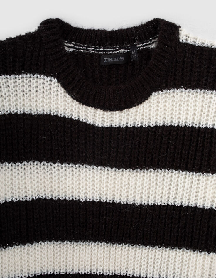 Schwarzes M&auml;dchenstrickkleid mit cremewei&szlig;en Streifen-2