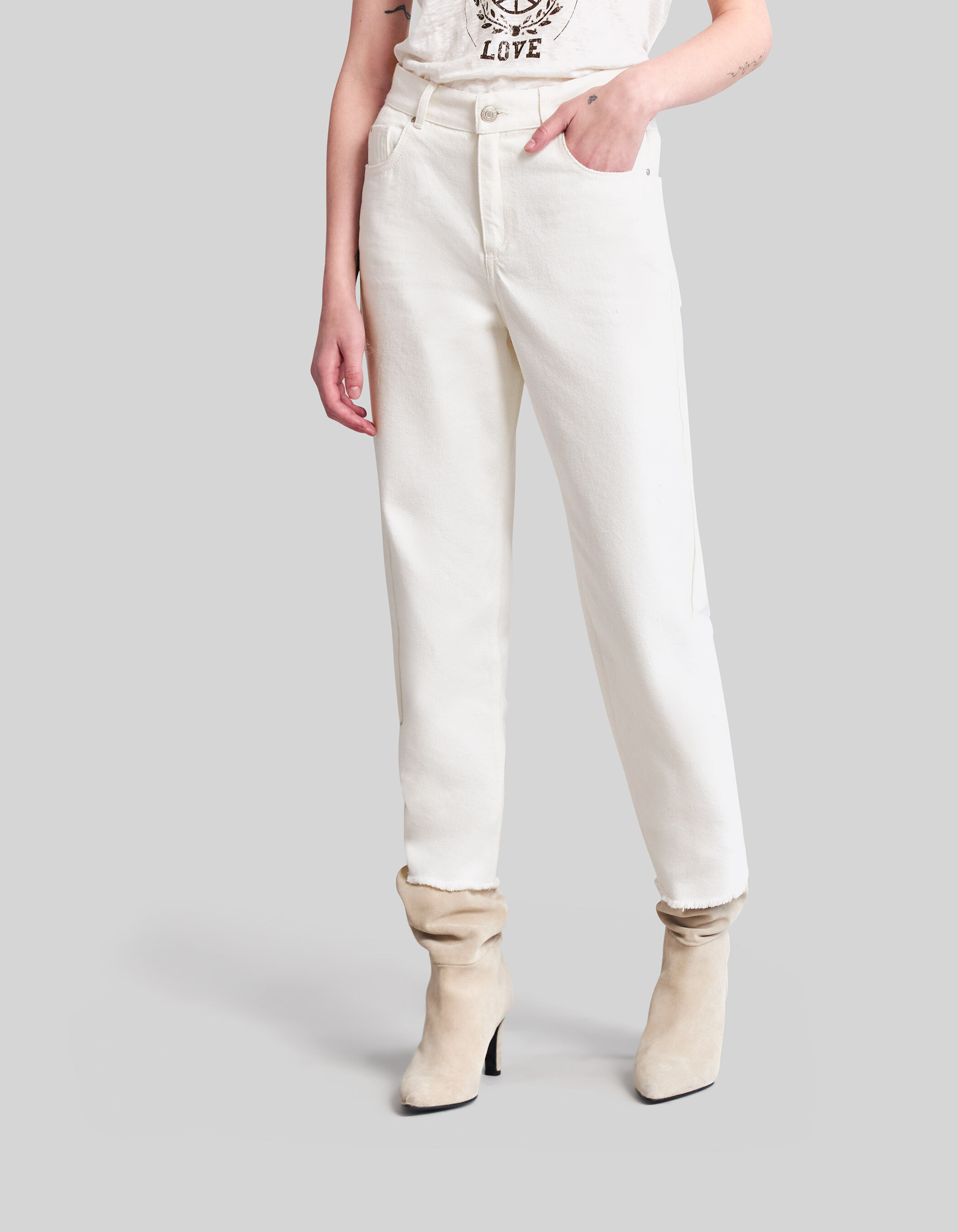 Jean boyfriend blanc casse bas franges Femme IKKS