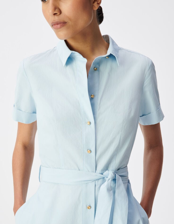 Robe chemise bleu ciel boutonn&eacute;e ceintur&eacute;e Femme-5