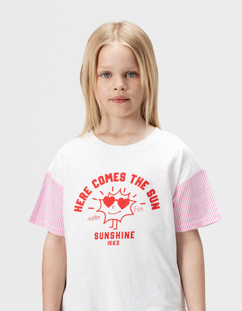 Girls’ white short-sleeved T-shirt with pink stripes - IKKS