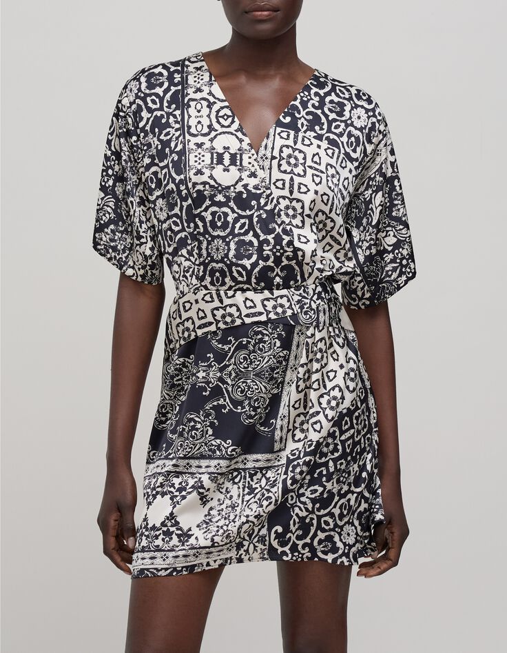 Robe noire imprimé patchwork foulard Femme-2