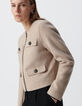 Women's straight beige wool jacket with rhinestone buttons-5