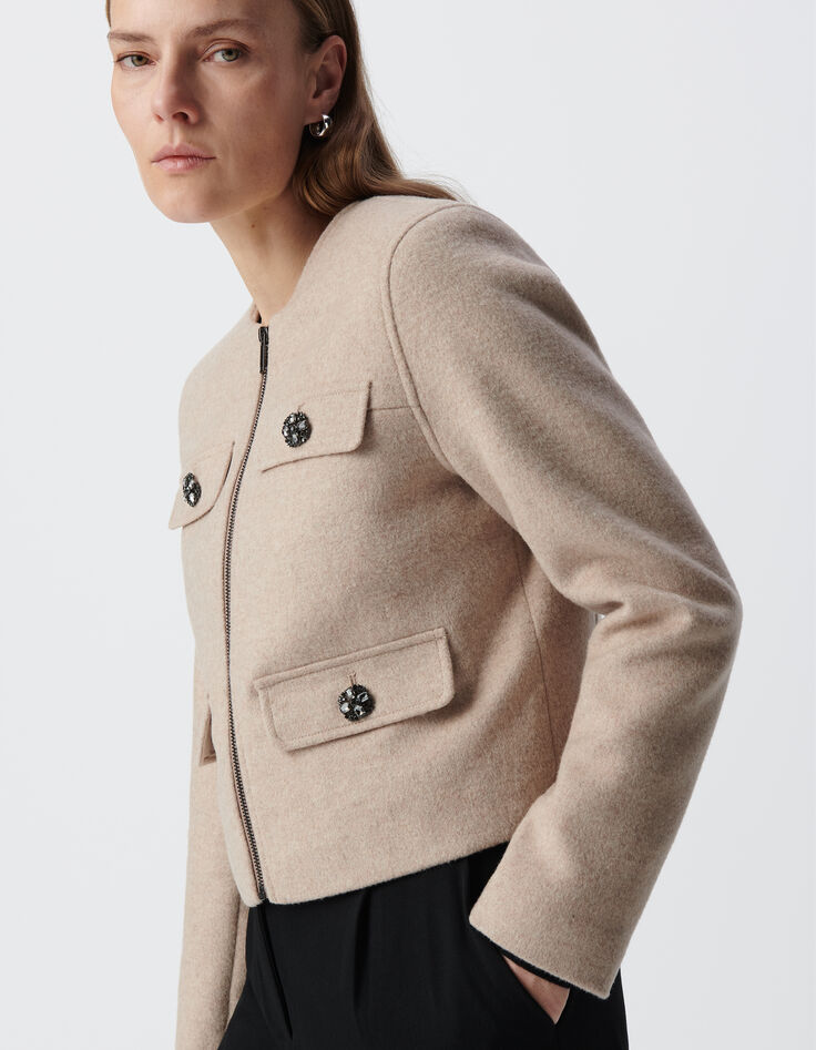 Women's straight beige wool jacket with rhinestone buttons-5