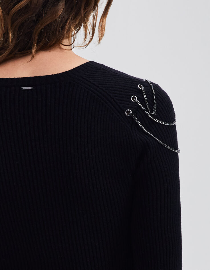 Women’s black ribbed knit sweater with chains on shoulders-4