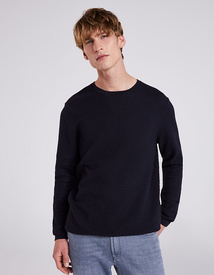 Men's dark blue textured knit sweater - IKKS