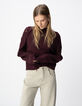 Pull bordeaux tricot manches ajourées Femme-3