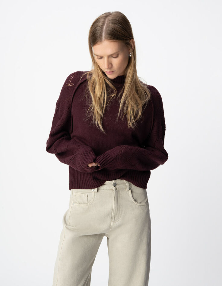 Pull bordeaux tricot manches ajourées Femme-3