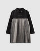 Robe courte noire et argent bi matière plissée fille-2