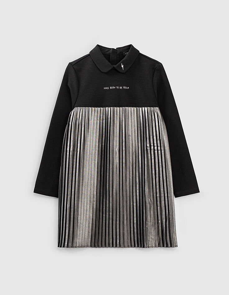 Robe courte noire et argent bi matière plissée fille-2