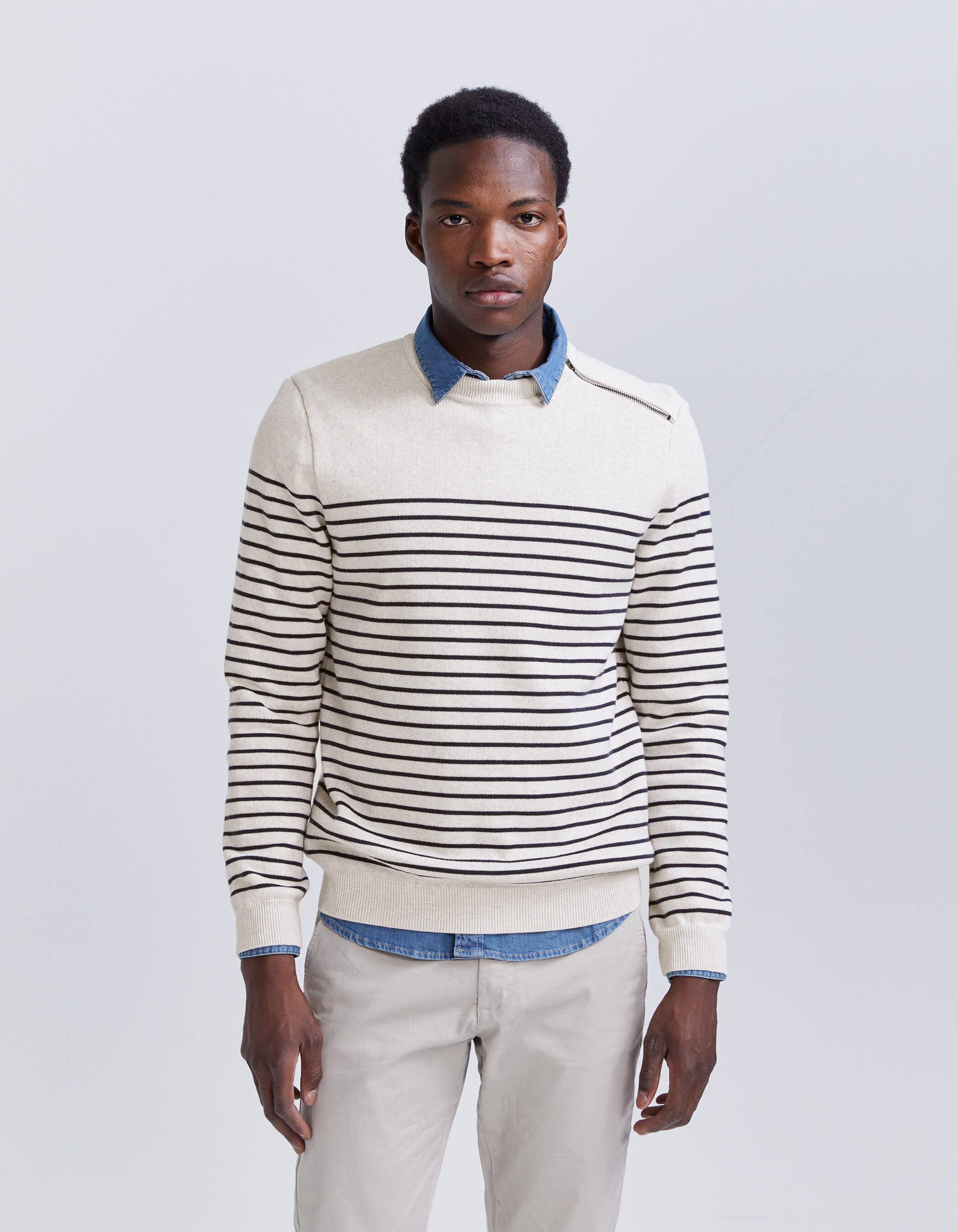 Men s natural sailor striped zip neck sweater