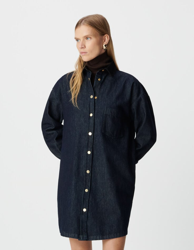 Robe chemise en jean bleu col et poignets velours Femme-3 Robe chemise en jean bleu col et poignets velours Femme-3