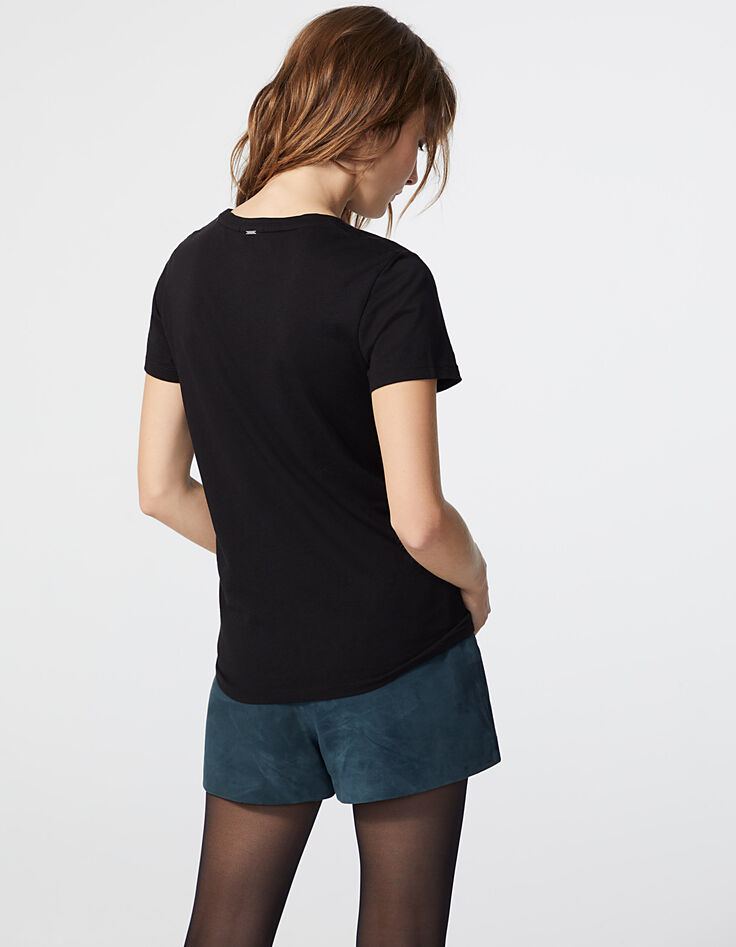 Tee-shirt noir en coton modal visuel Karma Rock femme-3