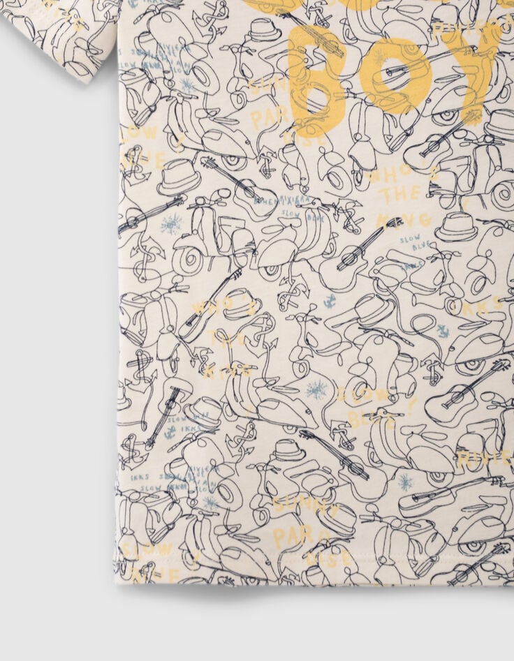 Ecru T-shirt biokatoen all-over lijntekeningen jongens-5