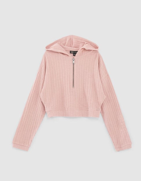 Girls’ powder pink ribbed zipped cropped T-shirt - IKKS