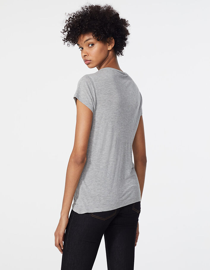 Women's grey studded visual viscose V-neck T-shirt - IKKS