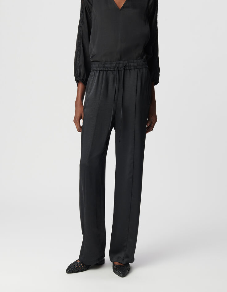 Pantalon large noir polyester recyclé taille élastiquée Femme-2