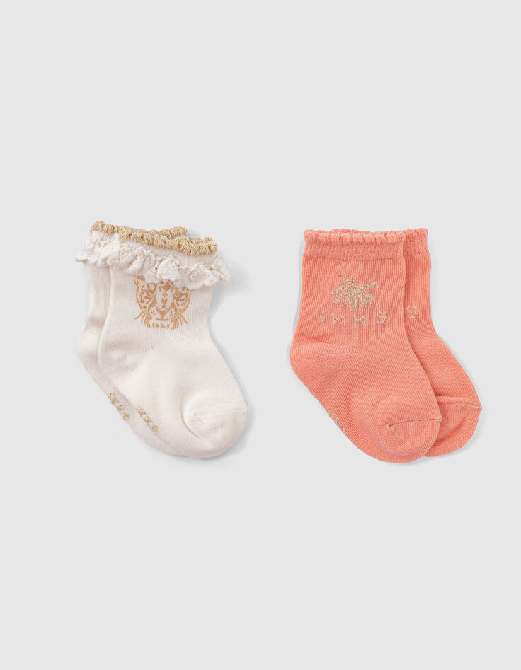 Pfirsichrote, weiße und goldfarbene Socken für Babymädchen-2