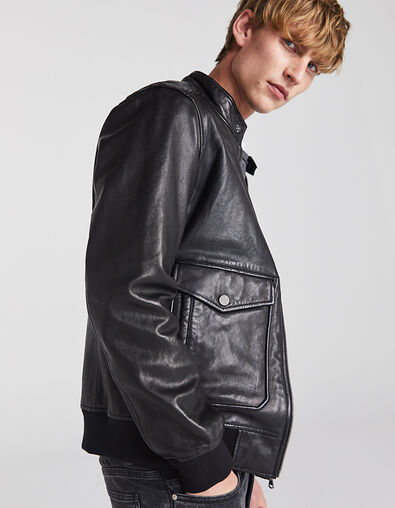 Men’s black biker-style double-pocket leather jacket - IKKS