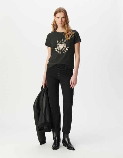 Women’s grey organic cotton T-shirt, slogan & heart image - IKKS