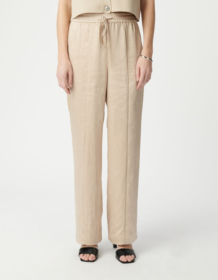Pantalón ancho Mujer de poliéster reciclado beige con cintura elástica-3