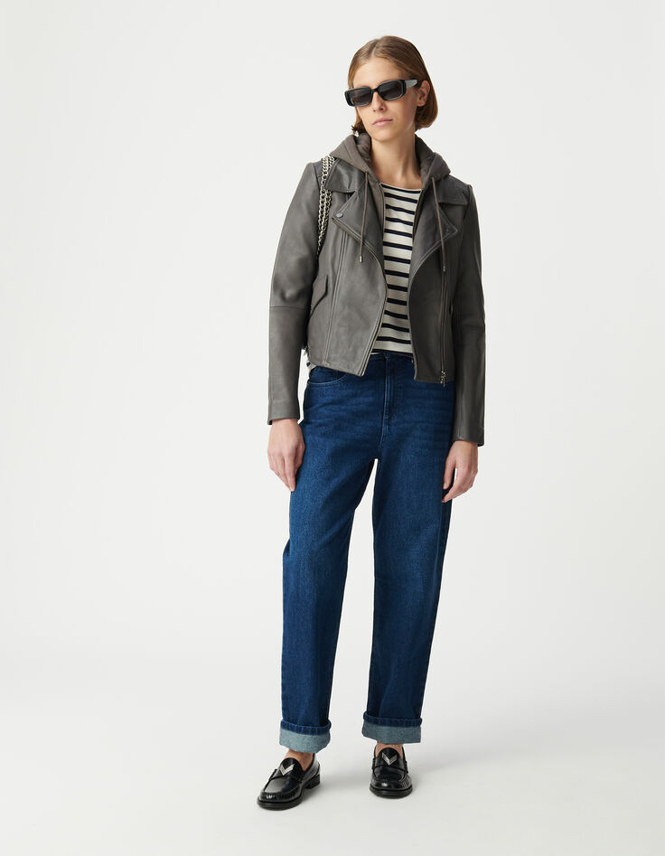 Graue Lederjacke, Bikerstil, Verzierungen-1 Graue Lederjacke, Bikerstil, Verzierungen-1
