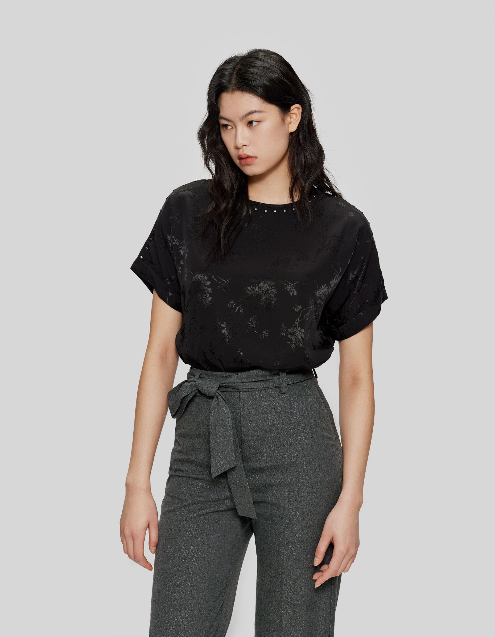 Women s black jacquard top with plant image and studs