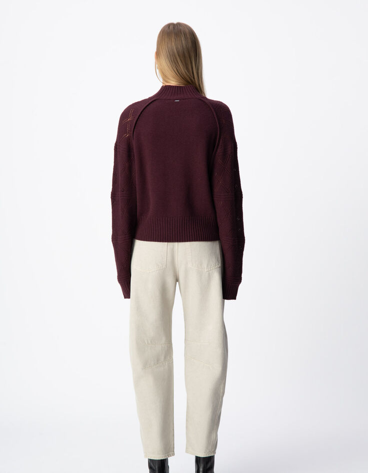 Pull bordeaux tricot manches ajourées Femme-2