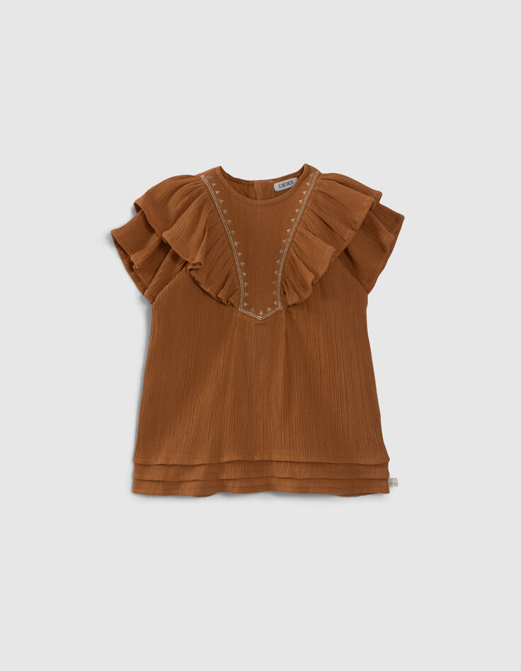 Baby girls’ camel dress with ruffled & embroidered dickey-1