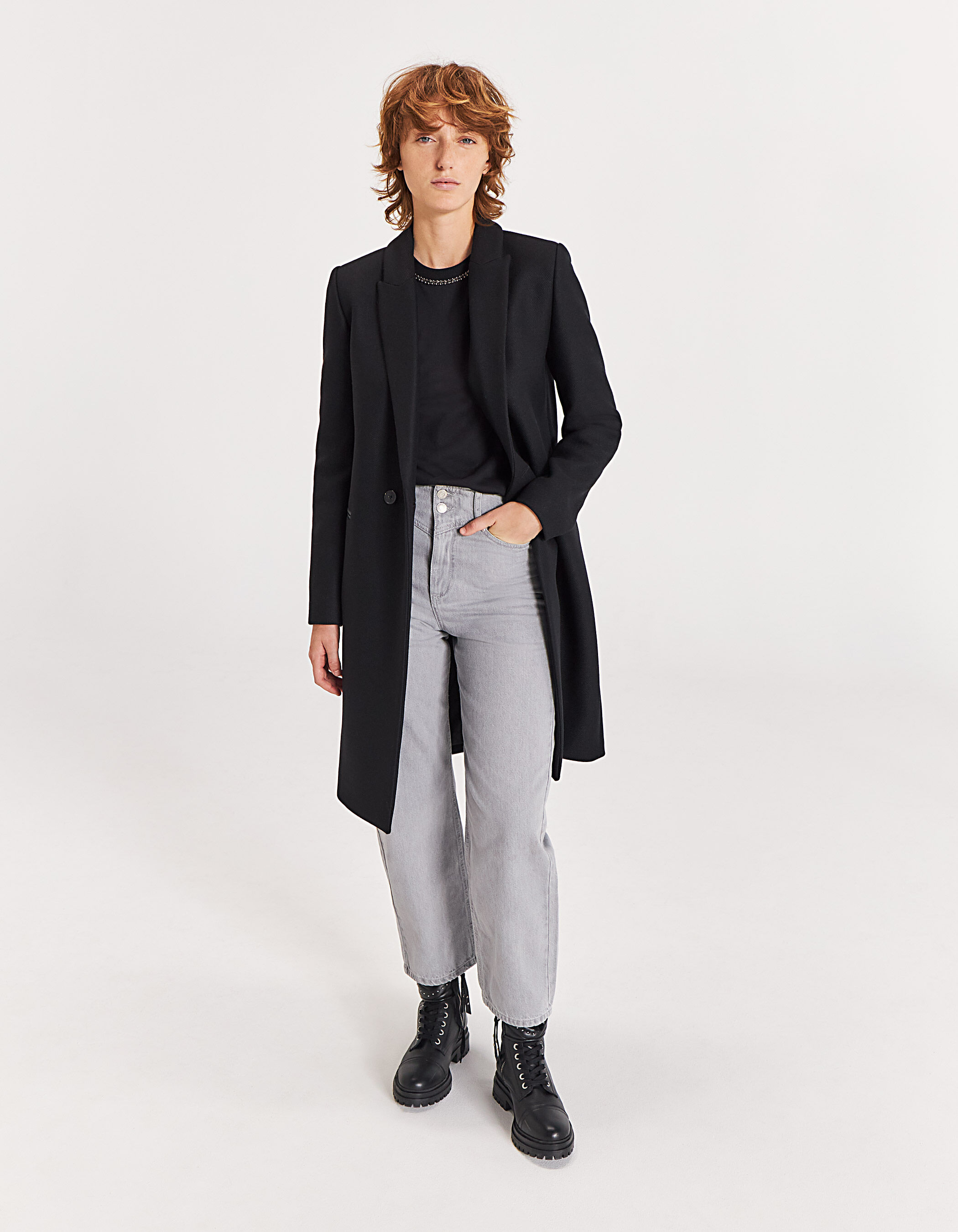 Women s black mid length wool coat faux leather pockets IKKS